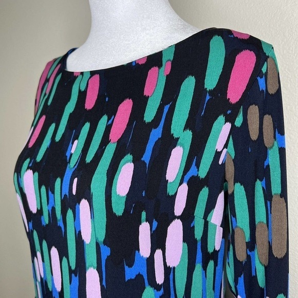 Tibi Black Abstract Colorful Strokes 3/4 Sleeve Stretchy Sheath Mini Dress XS - Picture 3 of 12